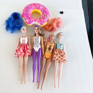 Lot of 4 Barbie Color Reveal Dolls and Donut Float